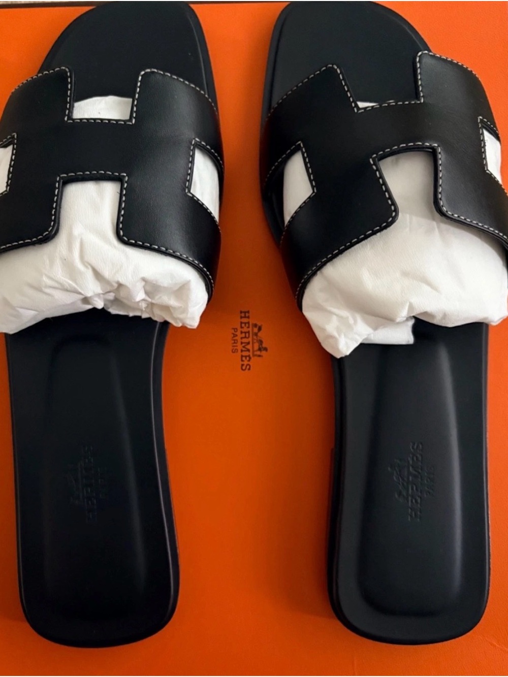 Hermes Black Leather H Slide Sandals - women